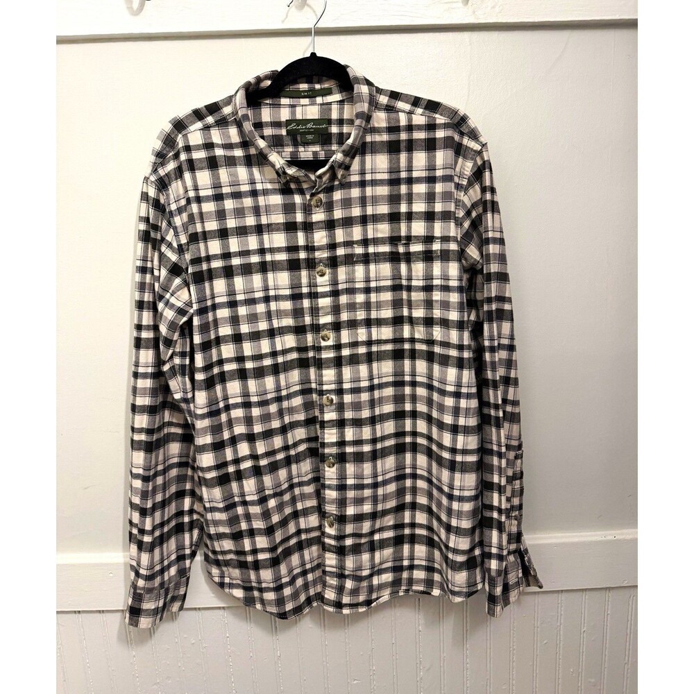 Eddie Bauer Men’s Gray White Plaid Flannel Button Up Shirt Long Sleeve Slim Fit